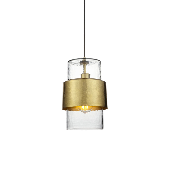 Nelson Lighting NL146718 Pendant 1 Light Hammered Brass Plate And Textured Clear Glass