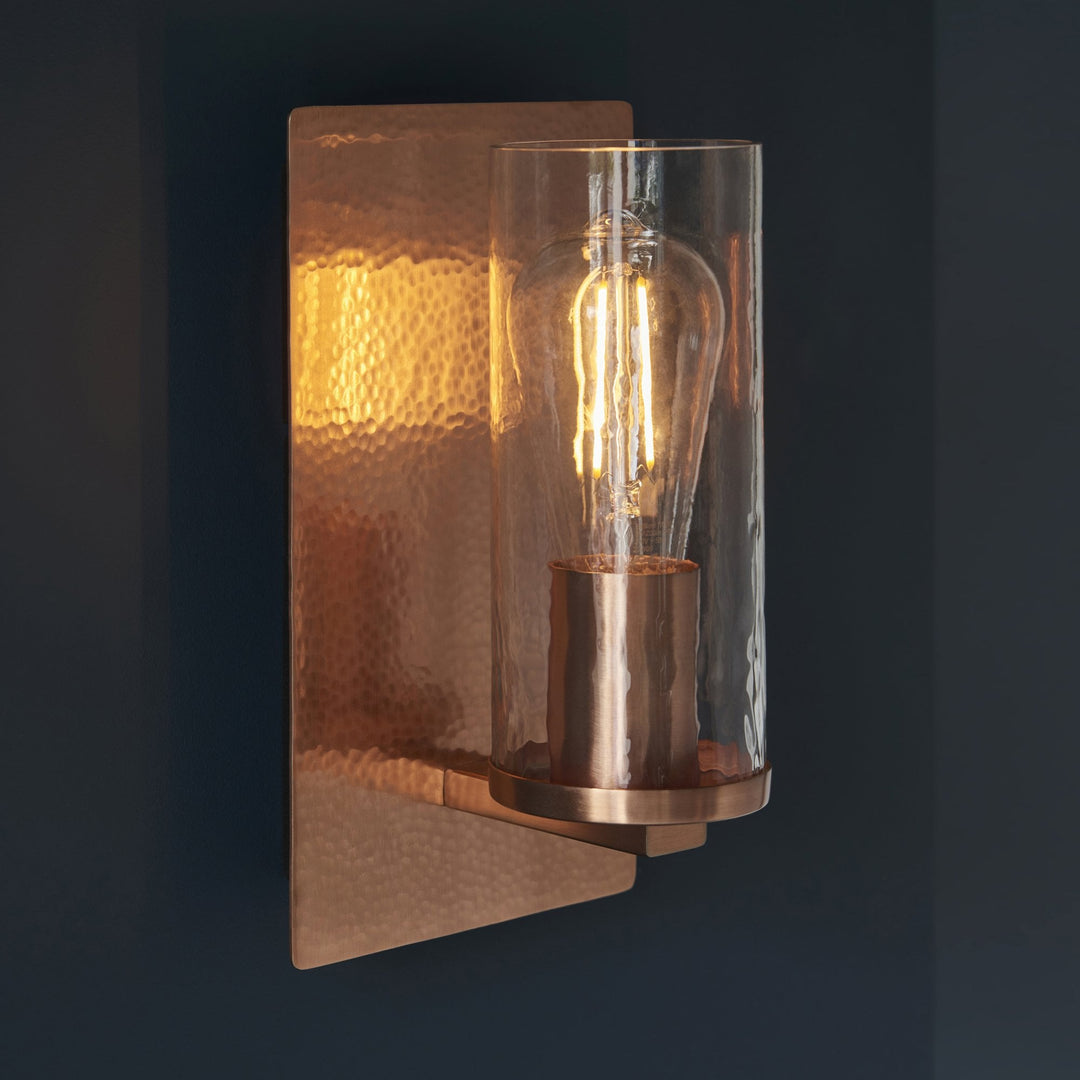 Nelson Lighting NL146719 Wall 1 Light Hammered Copper Plate And Textured Clear Glass