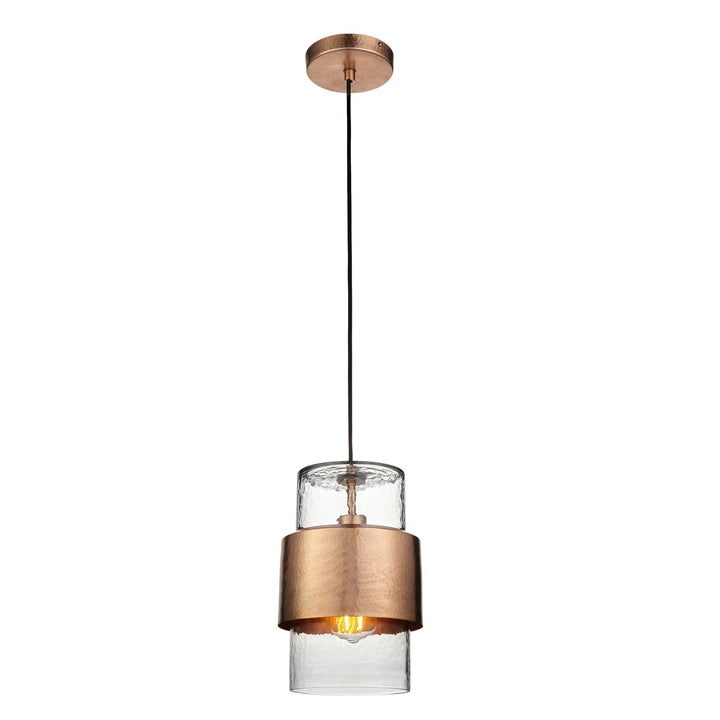 Nelson Lighting NL146720 Pendant 1 Light Hammered Copper Plate And Textured Clear Glass