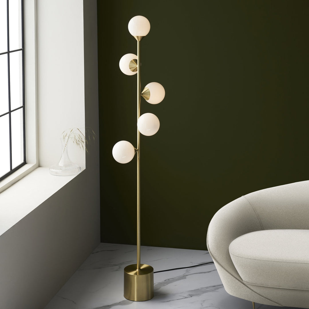 Nelson Lighting NL146756 Floor Lamp 5 Light Satin Brass Plate And Gloss White Glass