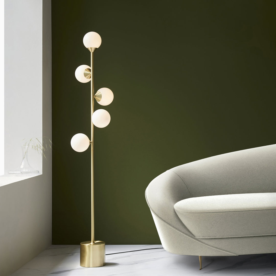 Nelson Lighting NL146756 Floor Lamp 5 Light Satin Brass Plate And Gloss White Glass