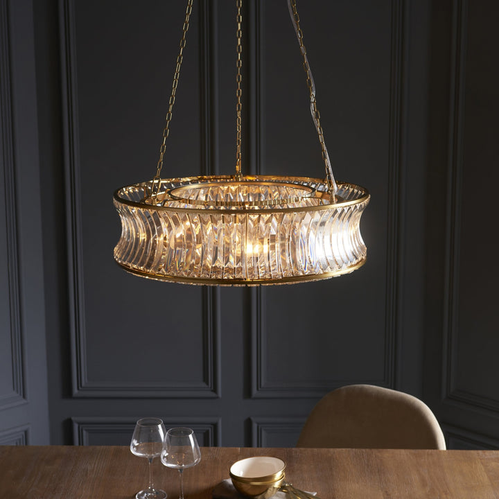 Nelson Lighting NL146811 Pendant 6 Light Warm Brass Plate With Crystal And Clear Glass