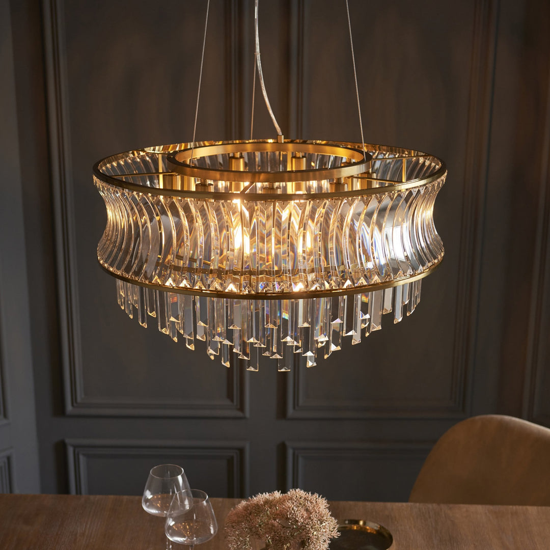 Nelson Lighting NL147785 Pendant 9 Light Warm Brass Plate With Crystal And Clear Glass