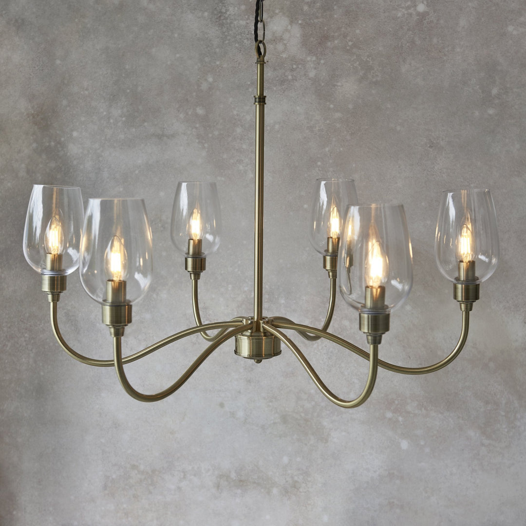 Nelson Lighting NL147791 Pendant 6 Light Antique Brass Plate And Clear Glass