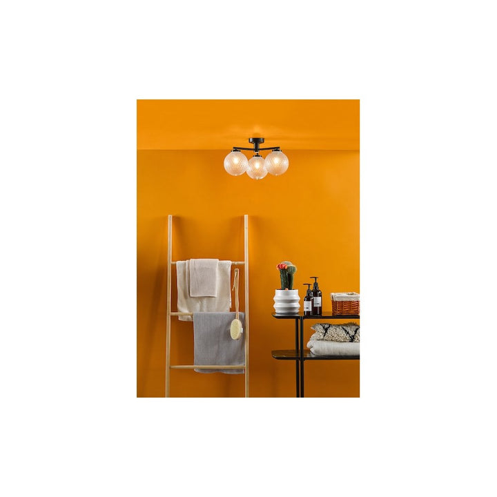 Dar WAY5322 | Wayne Bathroom 3 Light | Semi Flush Matt Black & Textured Glass IP44