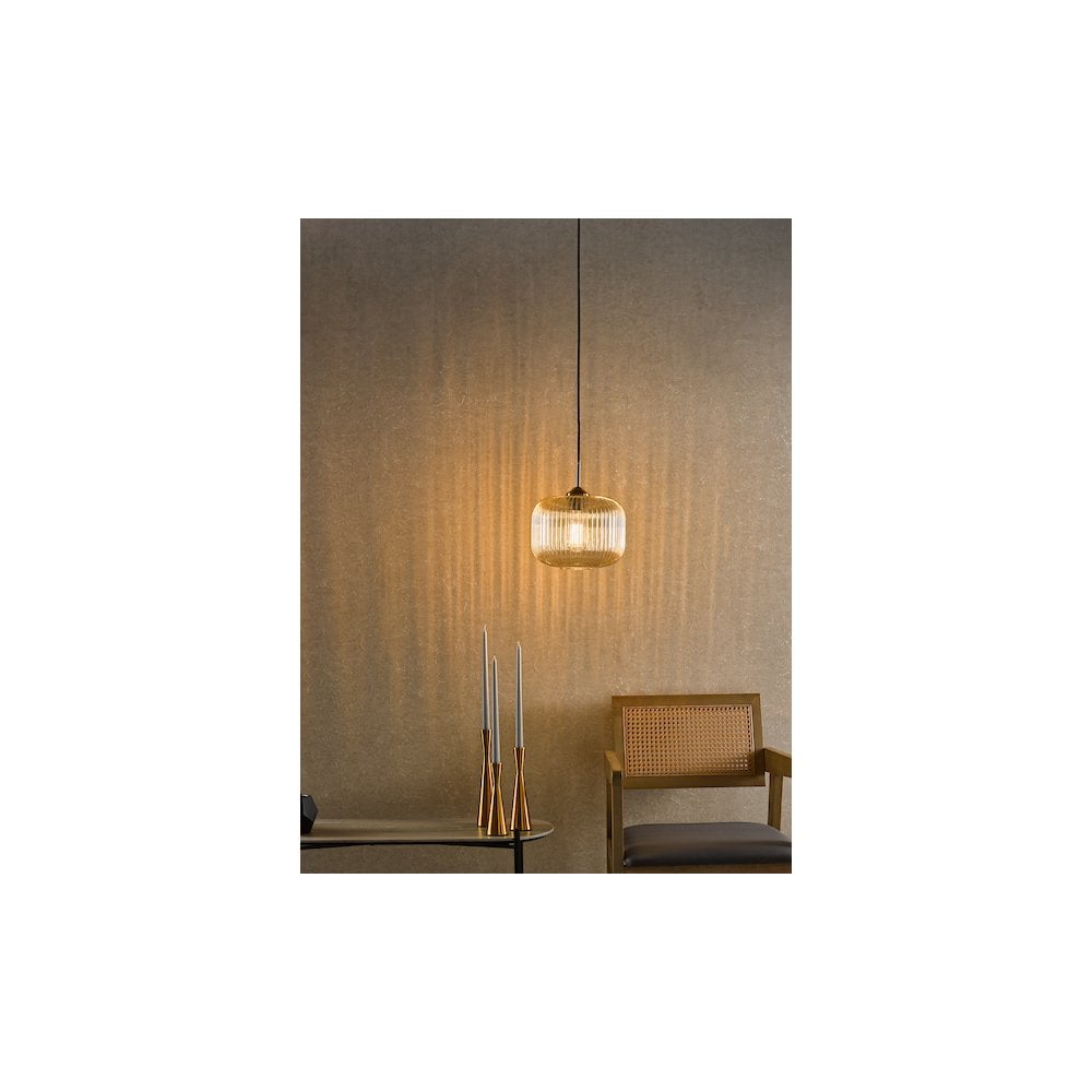 Dar Lighting DEM0106 | Demarius Pendant | Amber Glass & Natural Brass