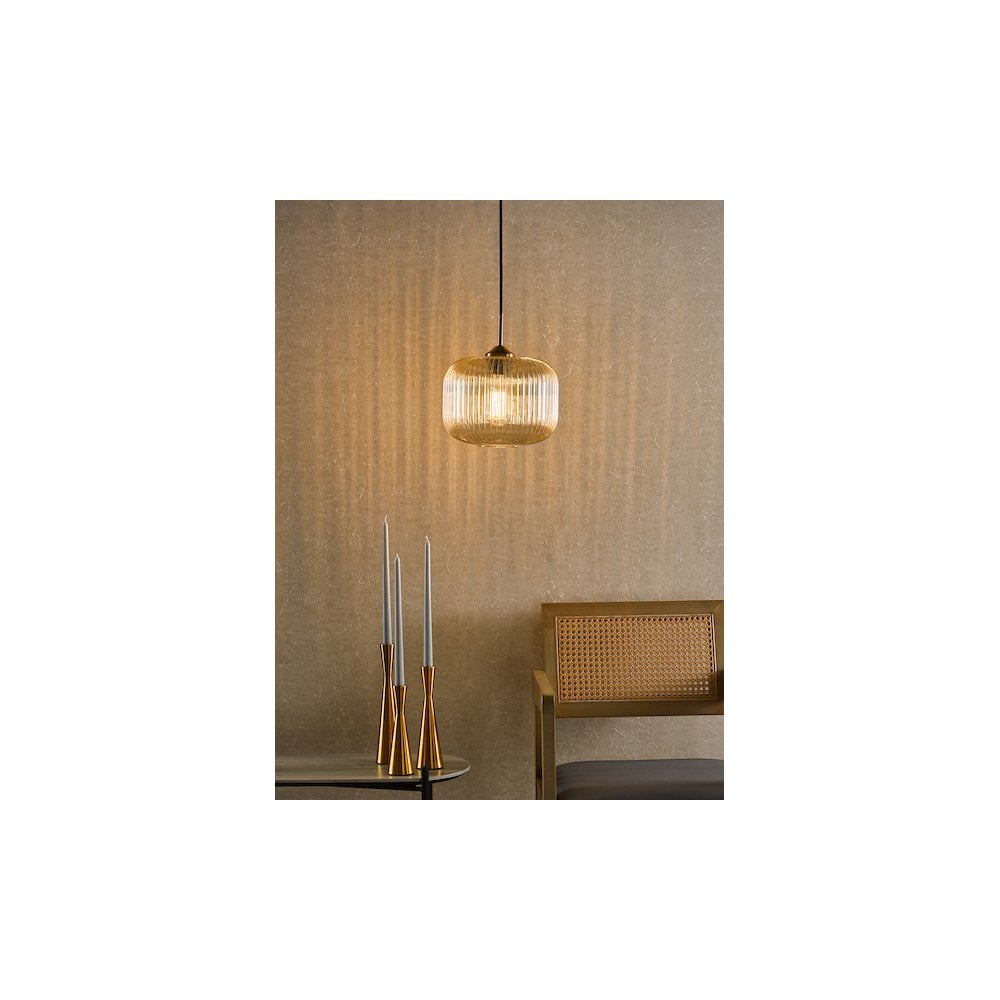 Dar Lighting DEM0106 | Demarius Pendant | Amber Glass & Natural Brass