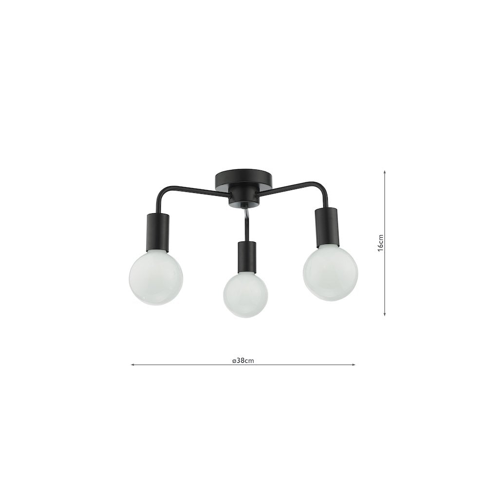 Dar DEN5322 | Dena | 3-Light Semi-Flush Ceiling Fixture | Matt Black