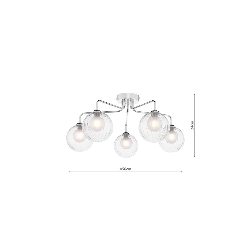 Dar FEY0550-20 | Feya | 5-Light Semi-Flush | Polished Chrome & Ribbed Glass