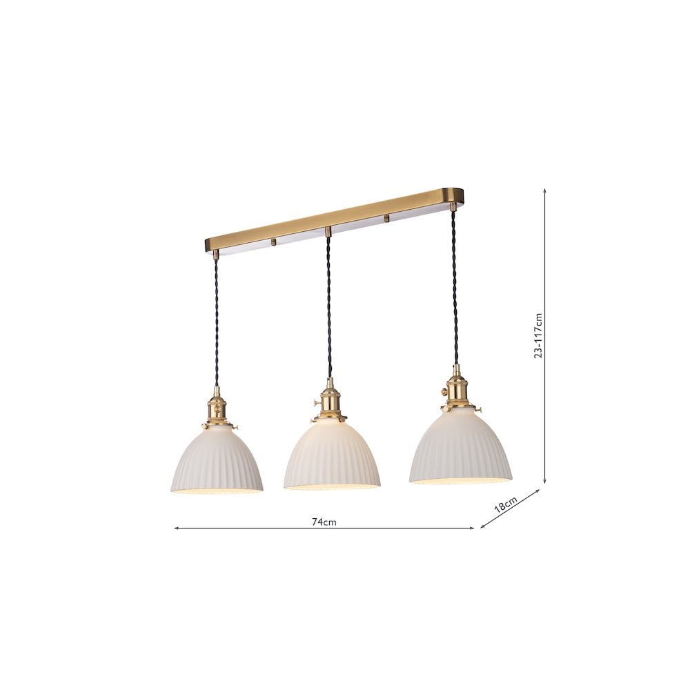 Dar HAD3640-09 | Hadano 3 Light Bar Pendant | Natural Brass & Ceramic Domed Shades