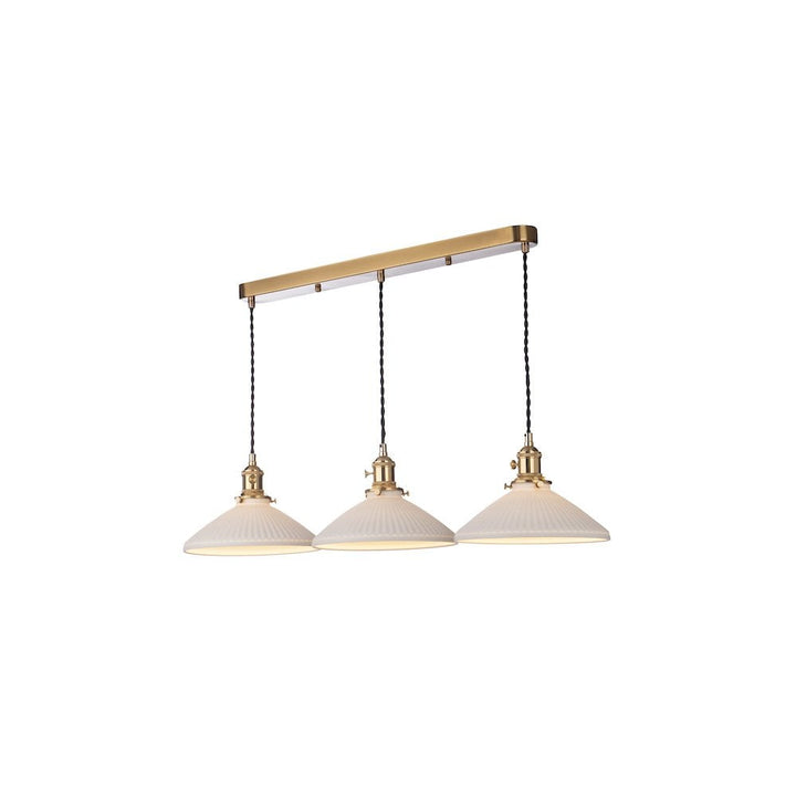 Dar HAD3640-10 | Hadano 3 Light Bar Pendant | Natural Brass & Ceramic Shallow Shades