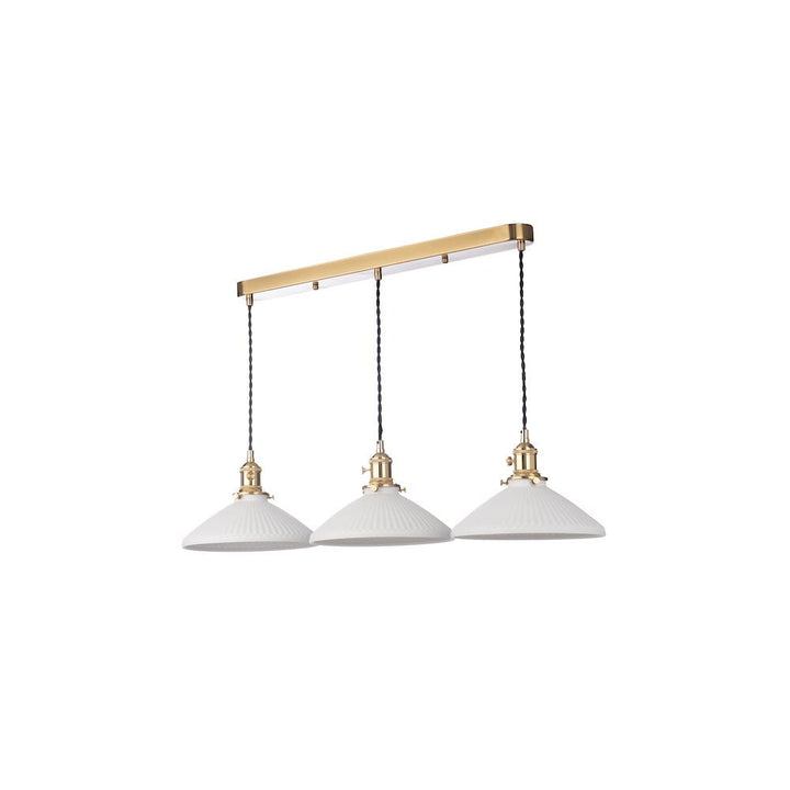 Dar HAD3640-10 | Hadano 3 Light Bar Pendant | Natural Brass & Ceramic Shallow Shades