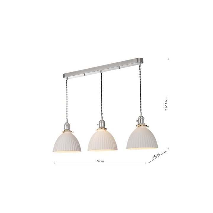 Dar HAD3661-09 | Hadano | 3 Light Bar Pendant | Antique Chrome & Ceramic Domed Shades