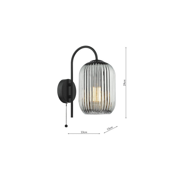 Dar IDR0722-SAW6510 | Idra Wall Light | Matt Black with Smoked Ribbed Glass