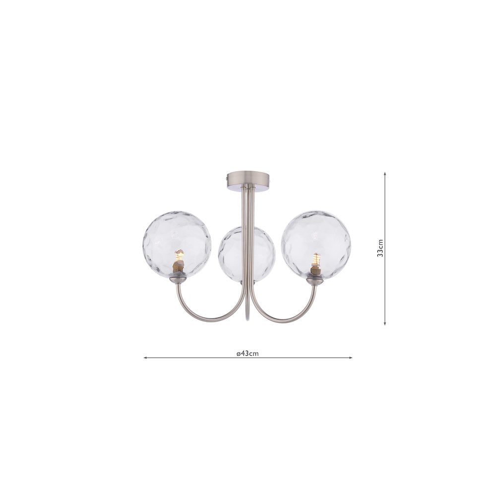 Dar JAR0338-12 | Jared 3 Light Semi-Flush | Satin Nickel & Dimpled Clear Glass