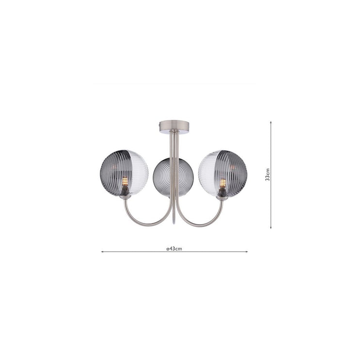 Dar JAR0338-19 | Jared 3 Light Semi-Flush | Smoked/Clear Ribbed Glass