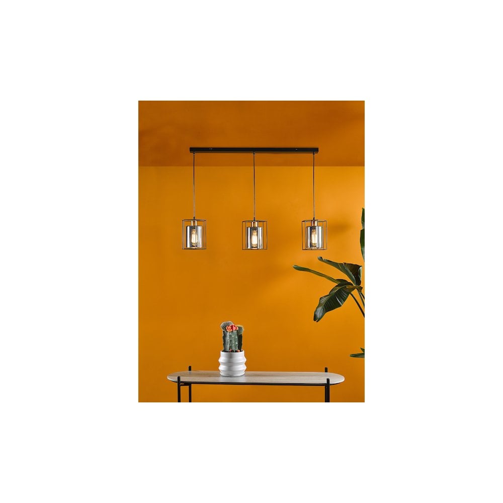 Dar TAT0322 | Tatum | 3 Light Bar Pendant | Matt Black & Smoked Glass