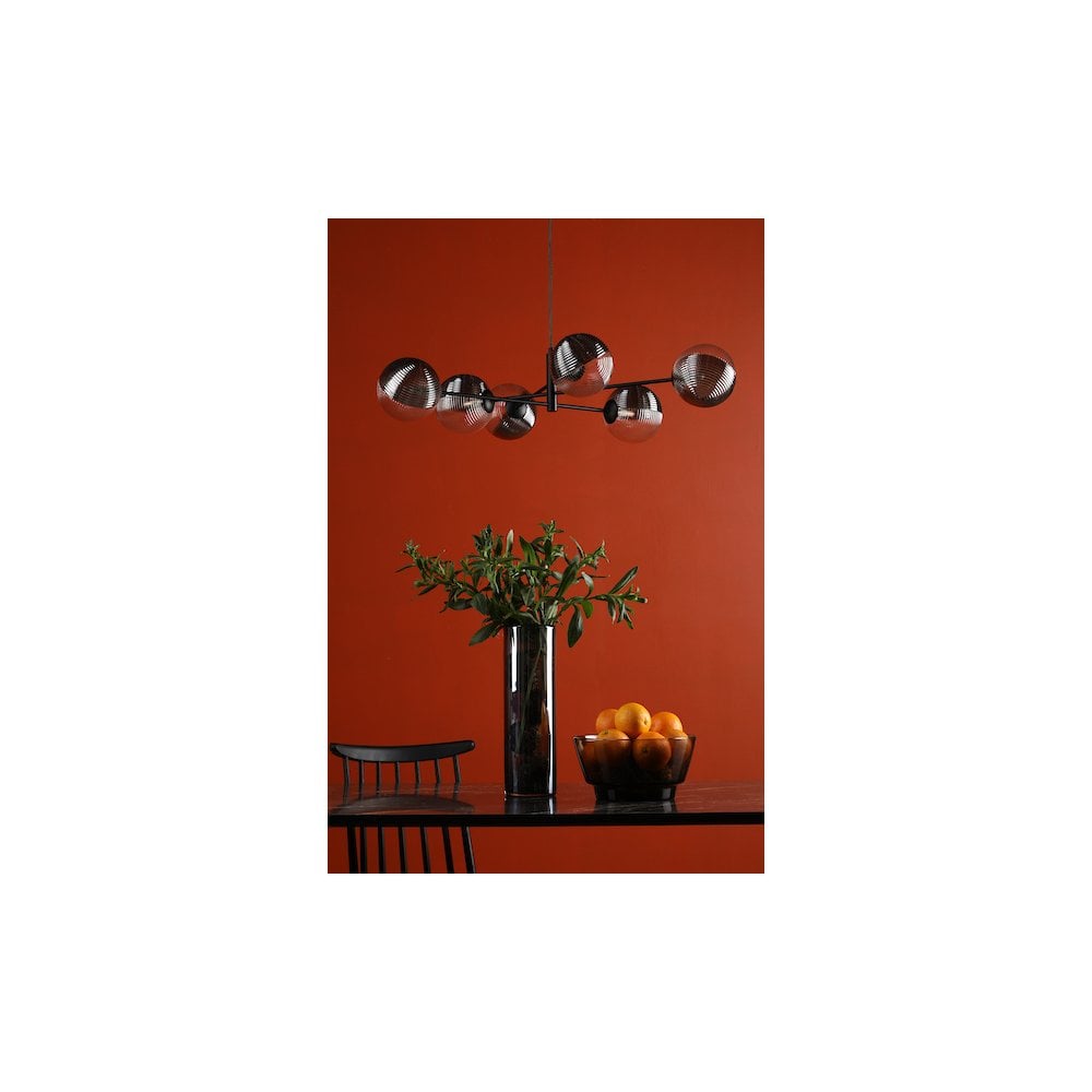 Dar VIG0622-19 | Vignette | 6-Light Pendant in Matt Black & Smoked/Clear Ribbed Glass