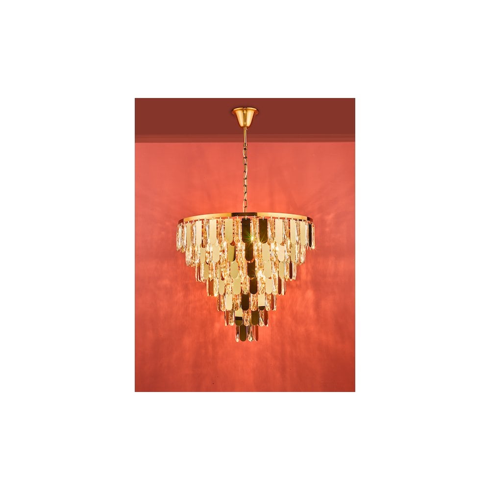 Dar Lightning AMI1235 | Amira 12 Light Chandelier | Polished Gold Crystal