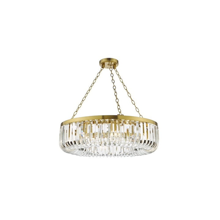 Dar SIG0835 | Sigourney 8 Light Pendant | Satin Gold and Glass