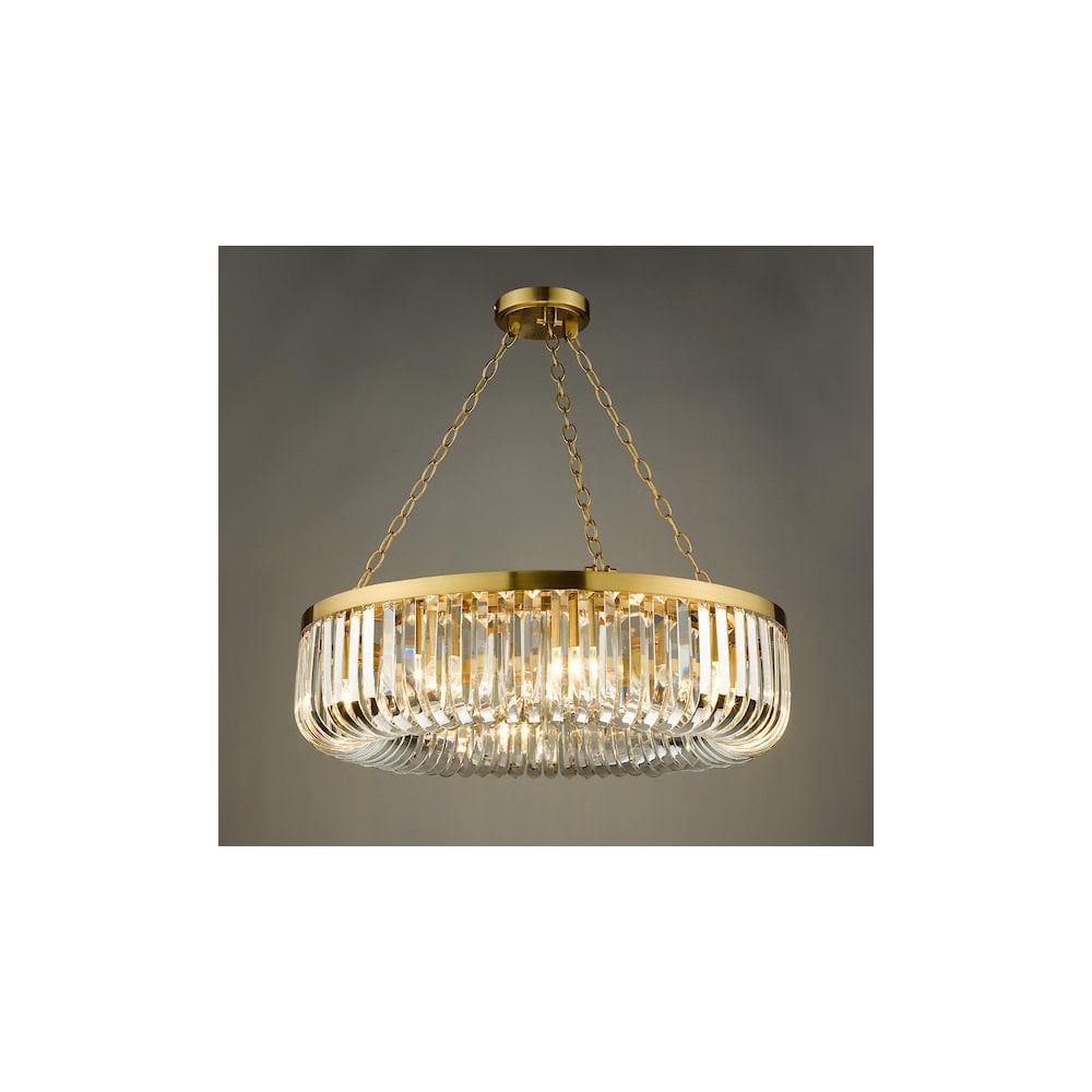 Dar SIG0835 | Sigourney 8 Light Pendant | Satin Gold and Glass