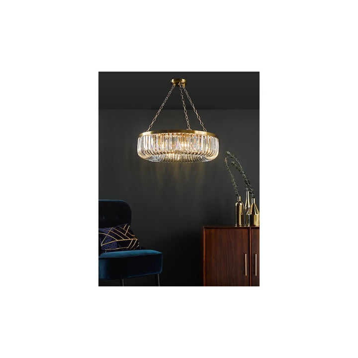 Dar SIG0835 | Sigourney 8 Light Pendant | Satin Gold and Glass