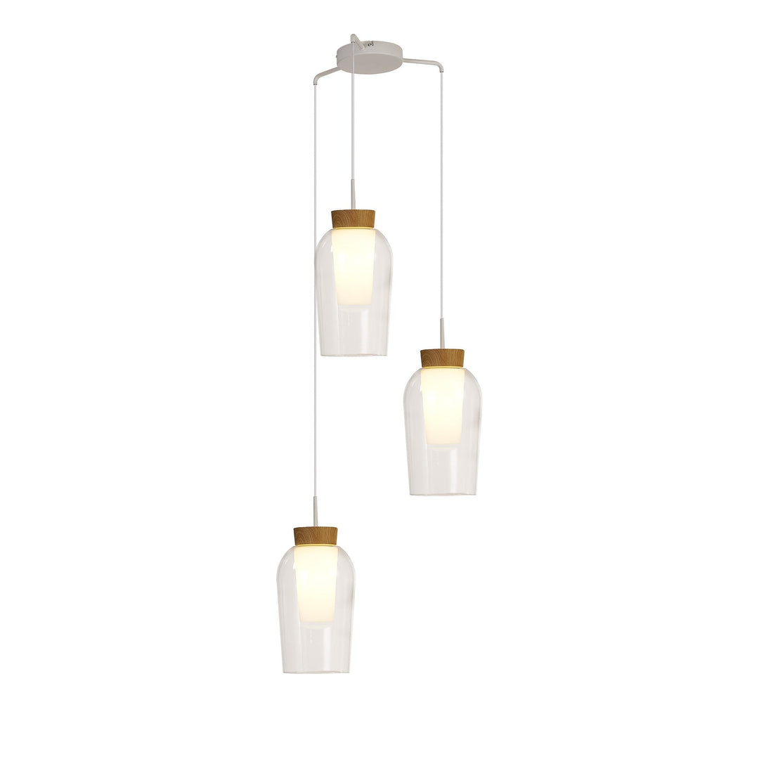 Mantra M8276 Nora 3 Light Round Pendant White/Wood/Clear Glass With Frosted Inner