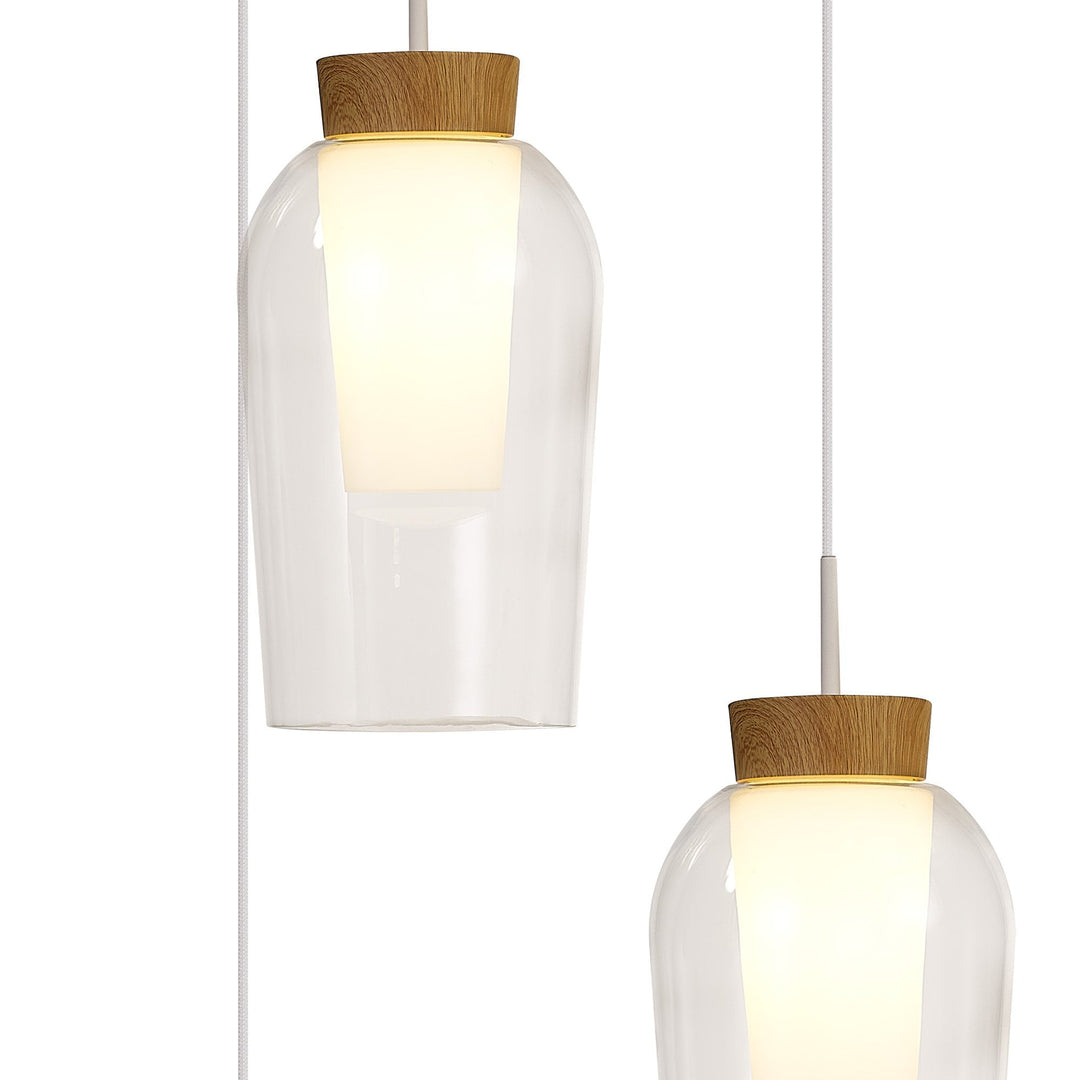 Mantra M8276 Nora 3 Light Round Pendant White/Wood/Clear Glass With Frosted Inner