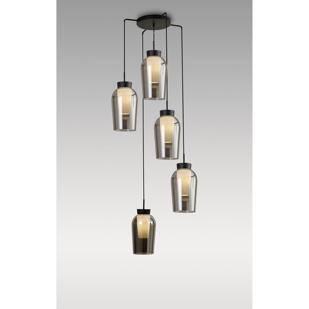 Mantra M8283 Nora 5 Light Round Pendant Black/Black Marble/Chrome Glass With Frosted Inner