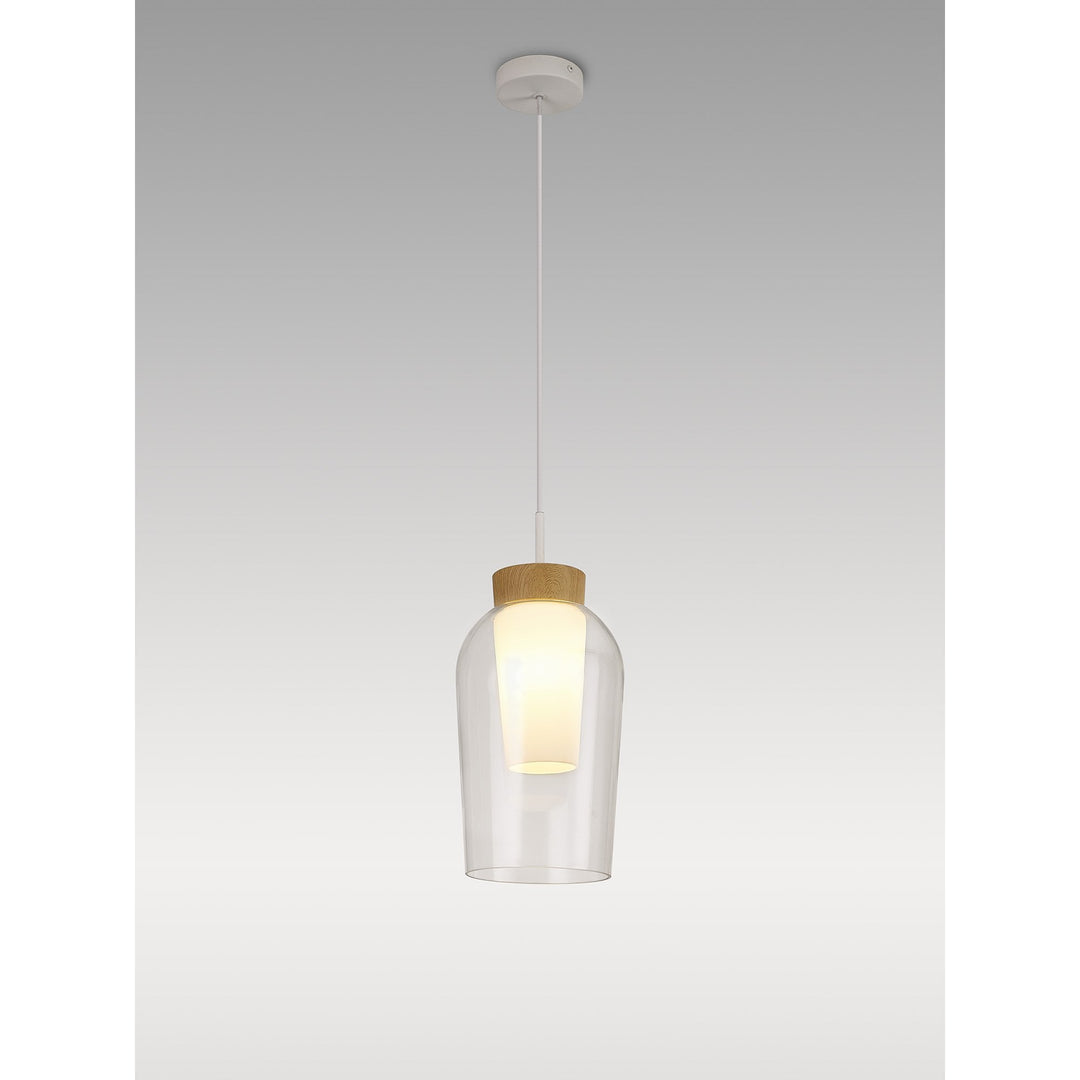 Mantra M8278 Nora Single Pendant White/Wood/Clear Glass With Frosted Inner