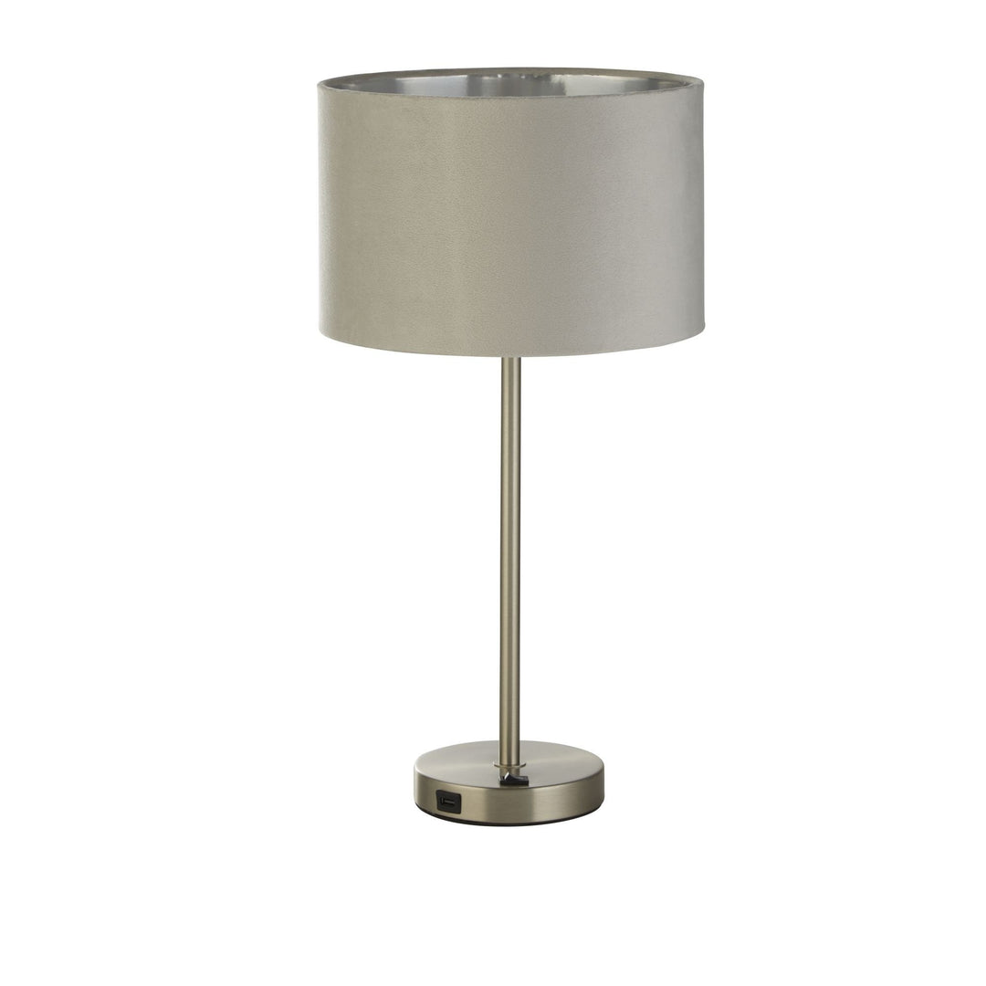 Searchlight 58911GY Finn USB Table Lamp Satin Nickel Metal Grey Velvet Shade