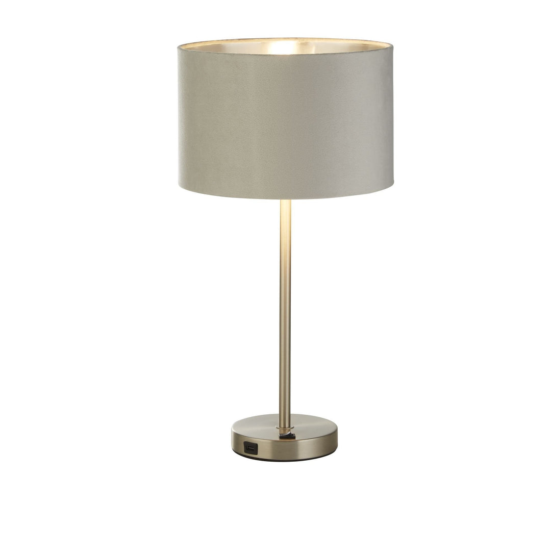 Searchlight 58911GY Finn USB Table Lamp Satin Nickel Metal Grey Velvet Shade