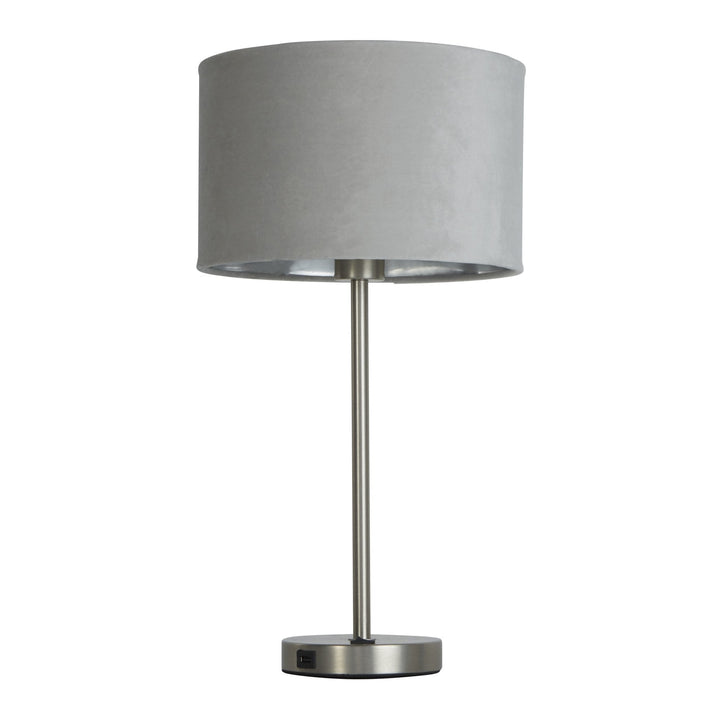 Searchlight 58911GY Finn USB Table Lamp Satin Nickel Metal Grey Velvet Shade