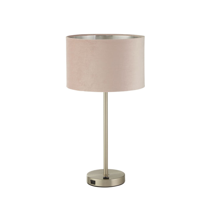 Searchlight 58911PI Finn USB Table Lamp Satin Nickel Metal Pink Velvet Shade