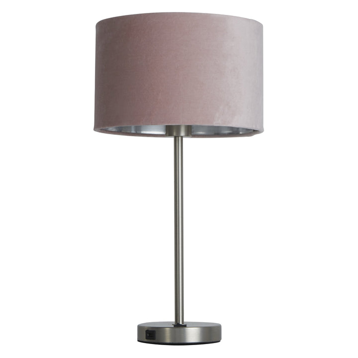 Searchlight 58911PI Finn USB Table Lamp Satin Nickel Metal Pink Velvet Shade