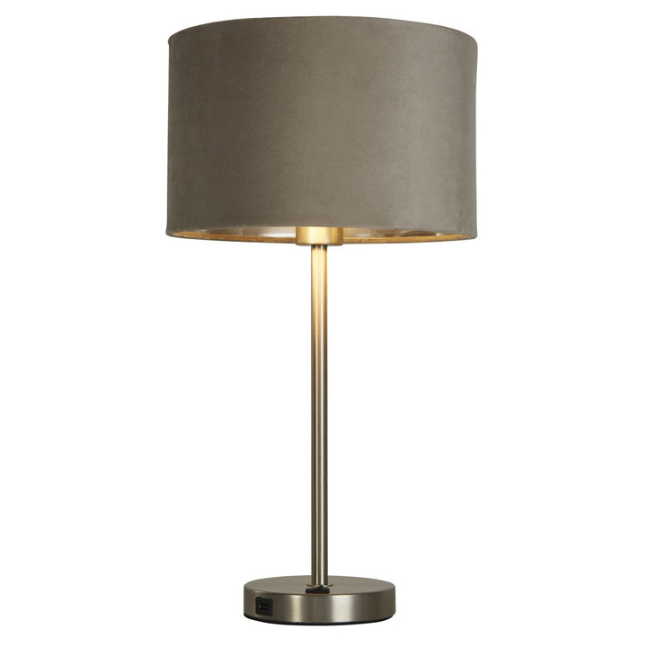 Searchlight 58911TA Finn USB Table Lamp Satin Nickel Metal Taupe Velvet Shade