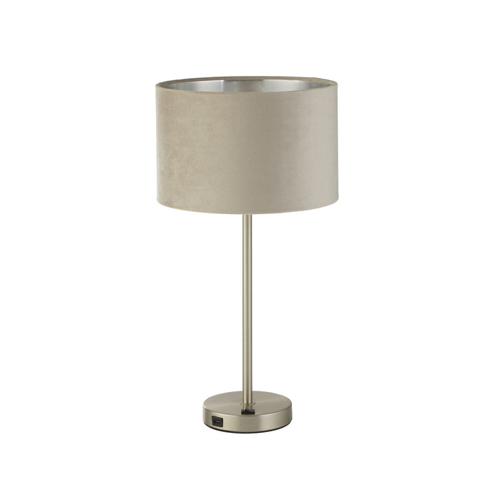 Searchlight 58911TA Finn USB Table Lamp Satin Nickel Metal Taupe Velvet Shade