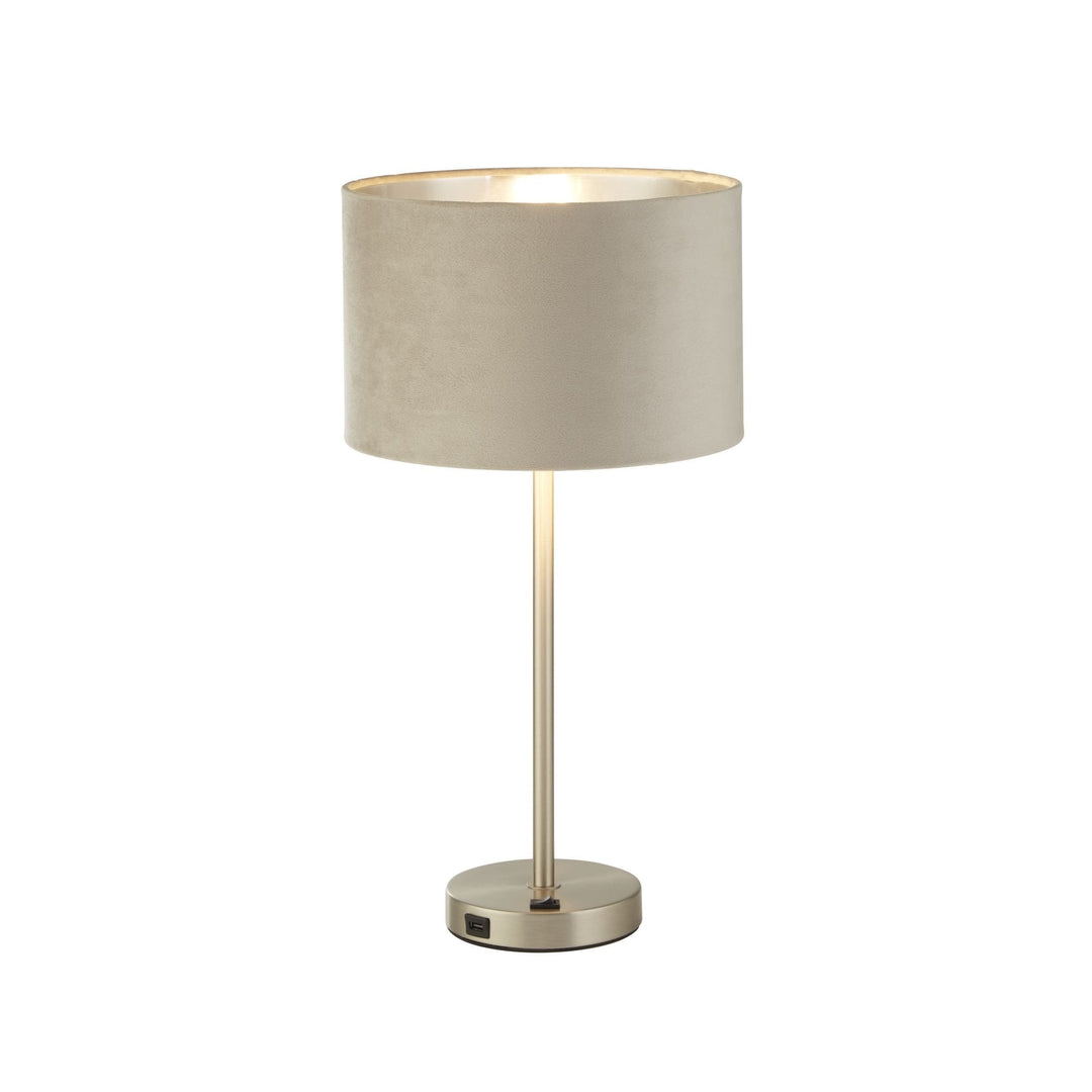 Searchlight 58911TA Finn USB Table Lamp Satin Nickel Metal Taupe Velvet Shade