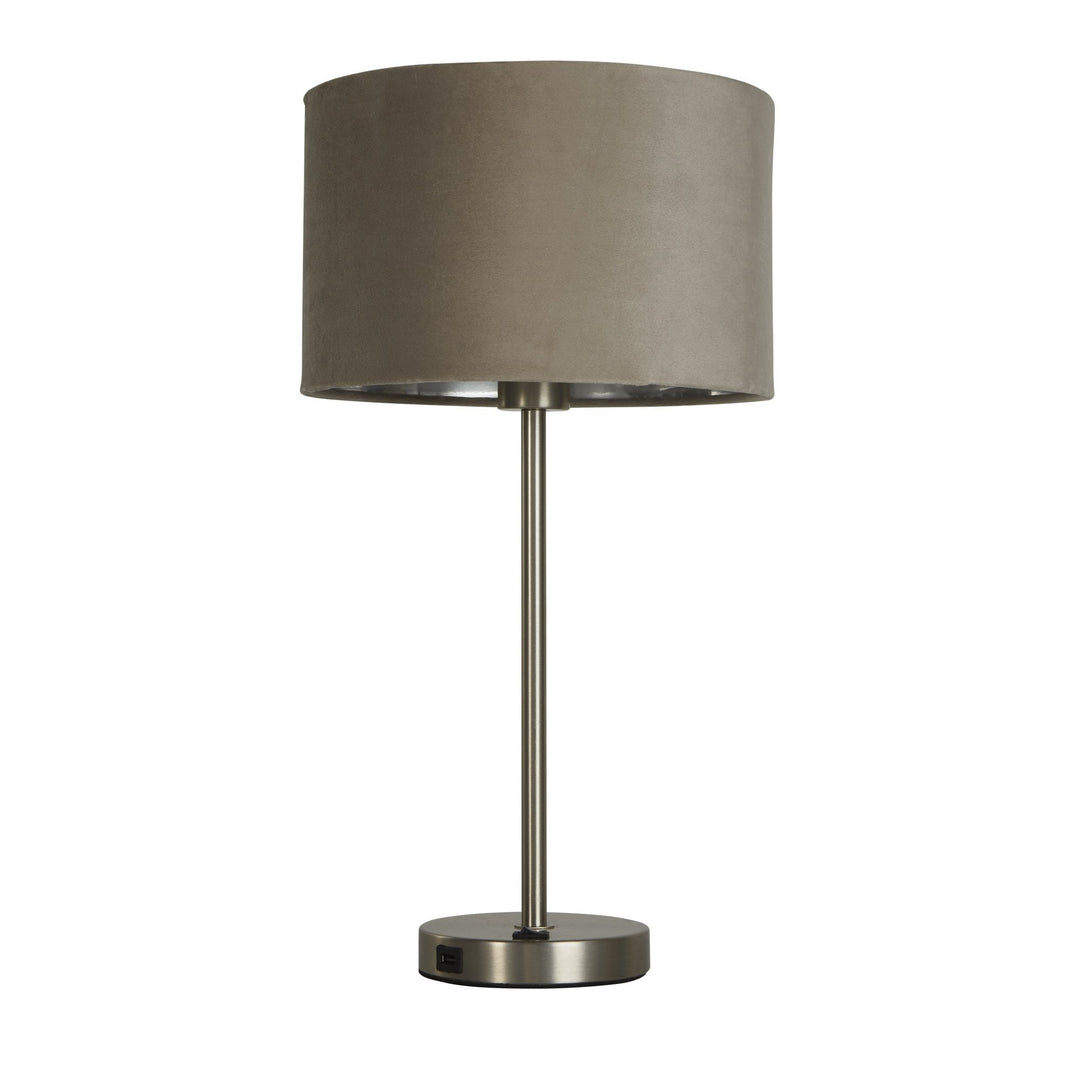 Searchlight 58911TA Finn USB Table Lamp Satin Nickel Metal Taupe Velvet Shade