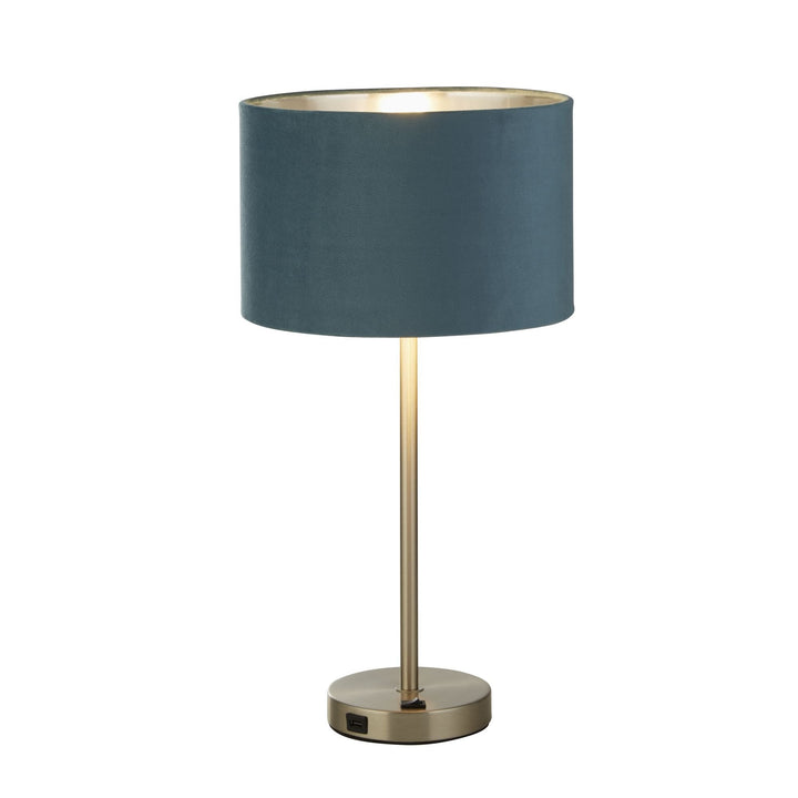 Searchlight 58911TE Finn USB Table Lamp Satin Nickel Metal Teal Velvet Shade