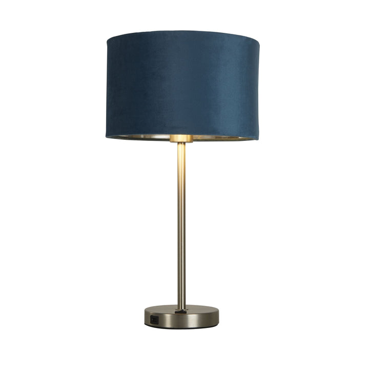 Searchlight 58911TE Finn USB Table Lamp Satin Nickel Metal Teal Velvet Shade