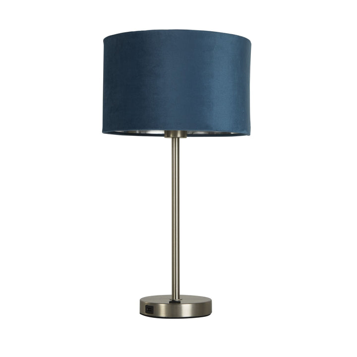 Searchlight 58911TE Finn USB Table Lamp Satin Nickel Metal Teal Velvet Shade