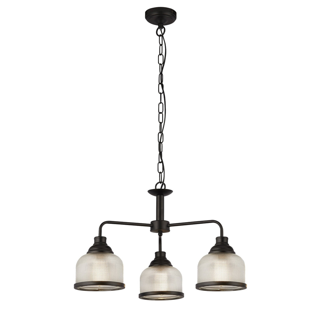 Searchlight 1683-3BK Highworth 3 Light Pendant Black Metal Holophane Style Glass