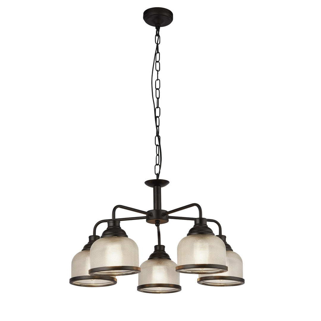 Searchlight 1685-5BK Highworth 5 Light Pendant Black Metal Holophane Style Glass