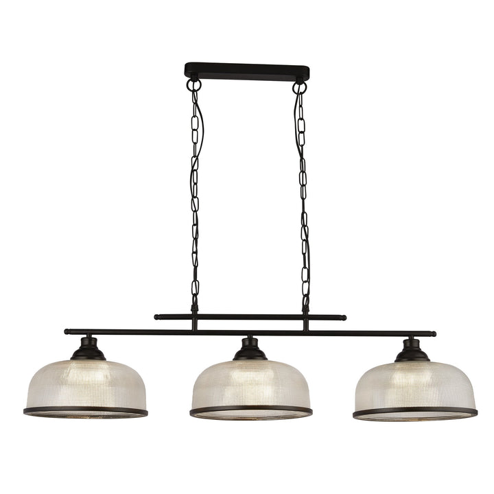 Searchlight 3593-3BK Highworth 3 Light Bar Pendant Black Metal Holophane Style Glass