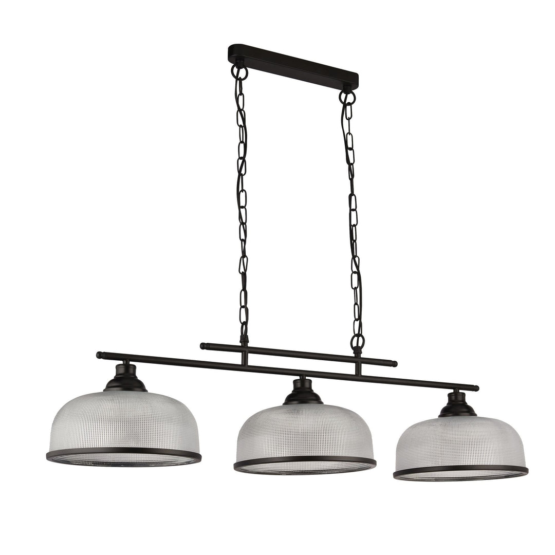 Searchlight 3593-3BK Highworth 3 Light Bar Pendant Black Metal Holophane Style Glass