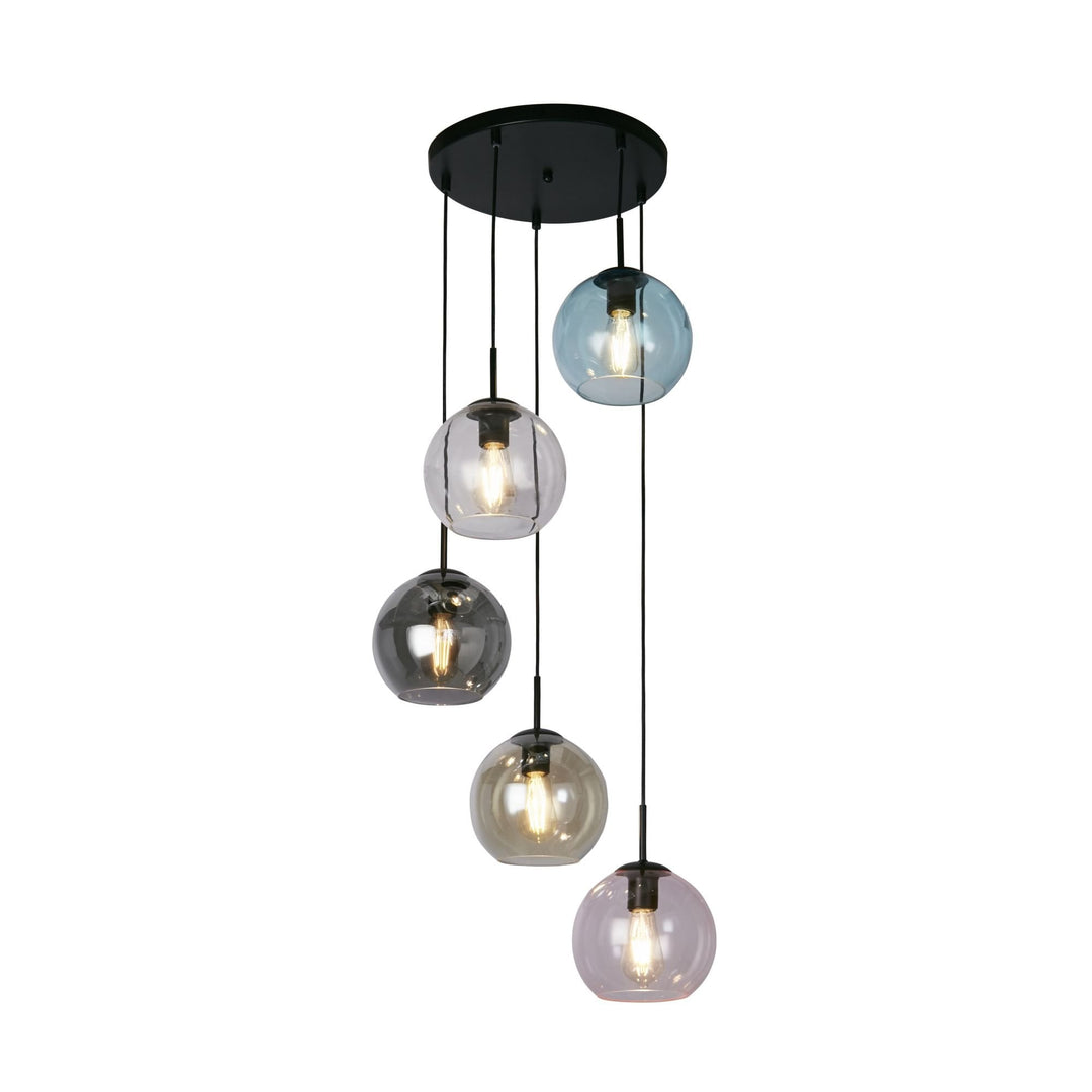 Searchlight 94005-5BK Mardi Gras II 5 Light Pendant Black Metal Coloured Glass