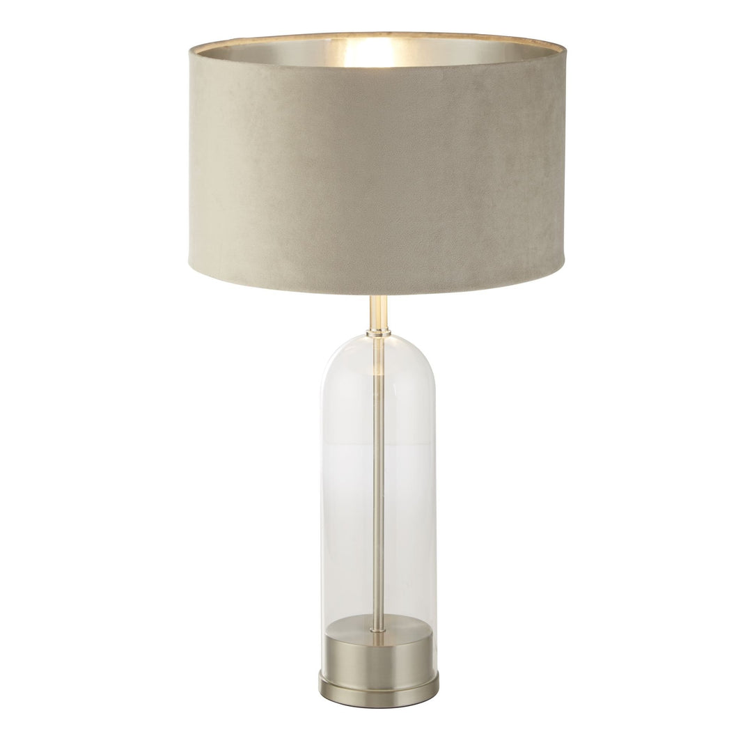 Searchlight 81713TA Oxford Table Lamp Glass Satin Nickel Taupe Velvet Shade