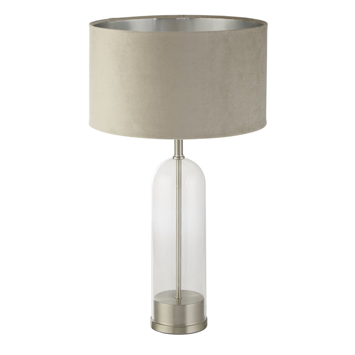 Searchlight 81713TA Oxford Table Lamp Glass Satin Nickel Taupe Velvet Shade
