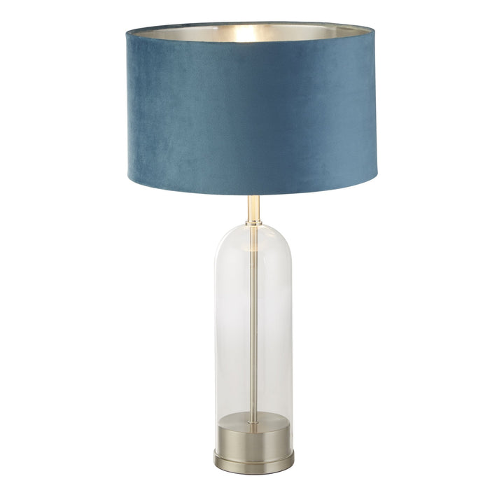 Searchlight 81713TE Oxford Table Lamp Glass Satin Nickel Teal Velvet Shade